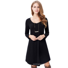 Kate Kasin Women's Casual Loose Long Sleeve V-Neck Irregular Wide Hem Cotton Black Dress KK000489-1